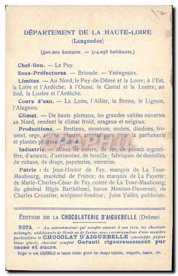 CPA Cartes Geographiques Chocolaterie d'Aiguebelle Haute Loire Chateau de St Michel au Puy — Rückseite