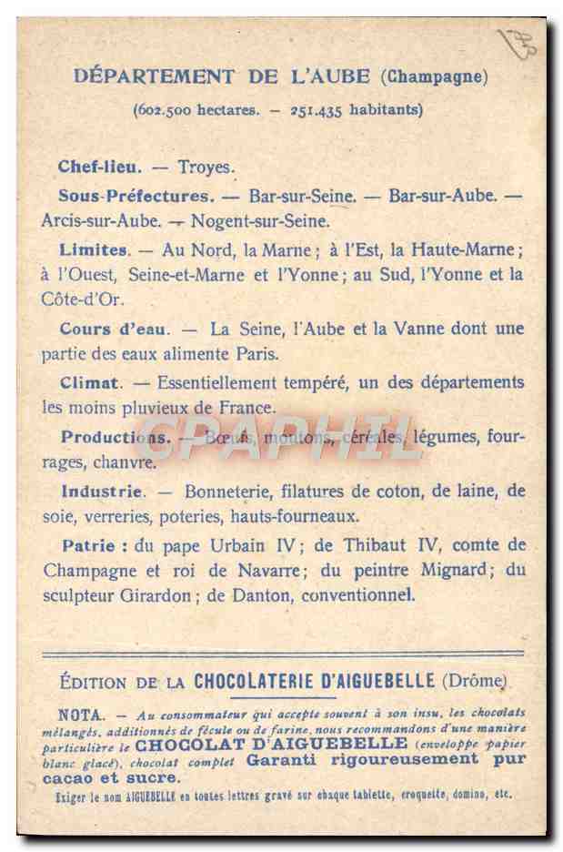 Die Departemente: AUBE — Ausgabe der CHOCOLATERIE D'AIGUEBELLE — Rückseite
