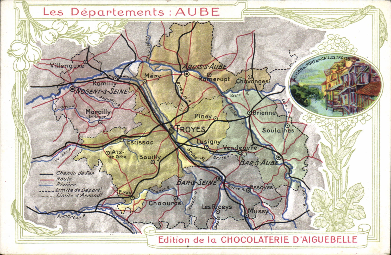 CPA Cartes Geographiques Chocolaterie d'Aiguebelle Aube Pont aux Cailles Troyes