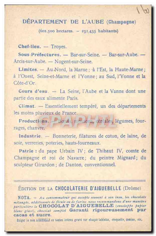 CPA Cartes Geographiques Chocolaterie d'Aiguebelle Aube Pont aux Cailles Troyes — Rückseite
