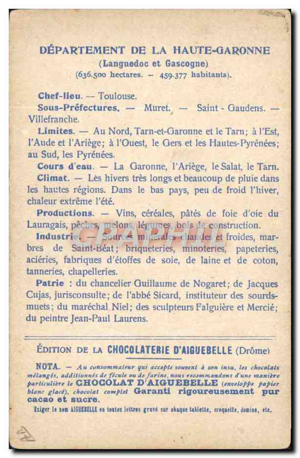 Haute-Garonne — Carte géographique et descriptive — Édition de la Chocolaterie d'Aiguebelle — Rückseite
