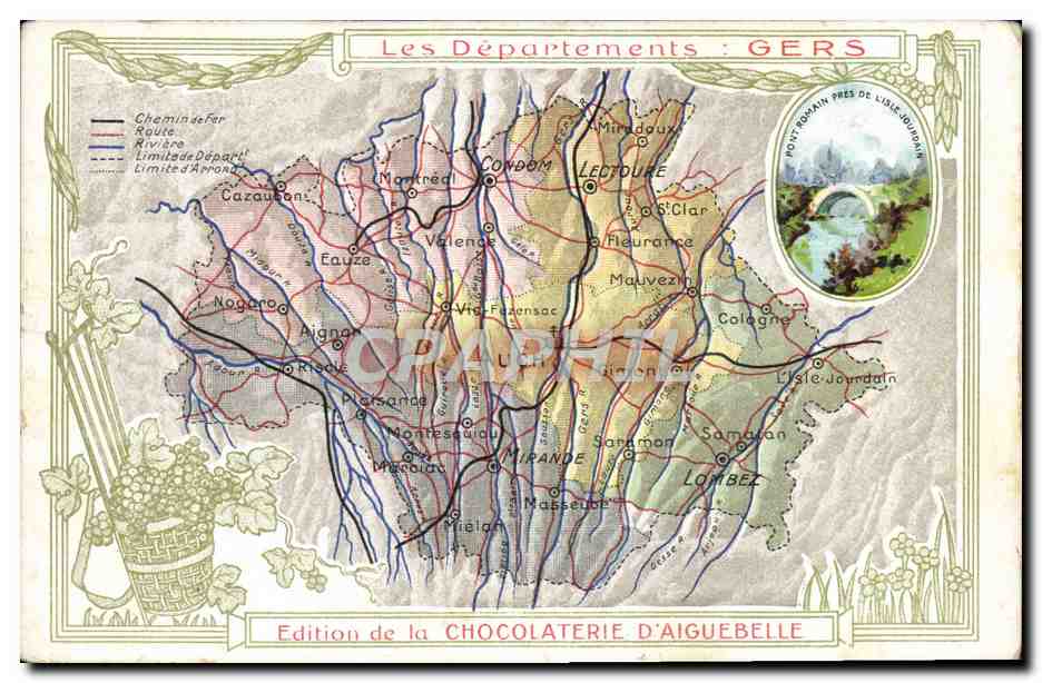 CPA Cartes Geographiques Chocolaterie d'Aiguebelle Gers Pont Romain pres de l'Isle Jourdain 