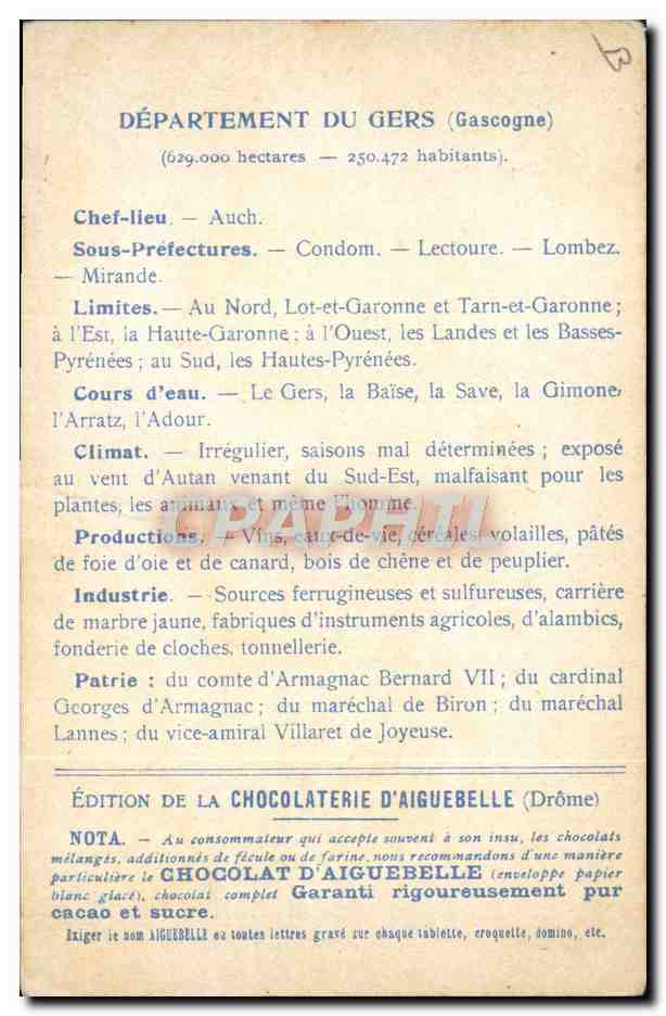 CPA Cartes Geographiques Chocolaterie d'Aiguebelle Gers Pont Romain pres de l'Isle Jourdain  — Rückseite
