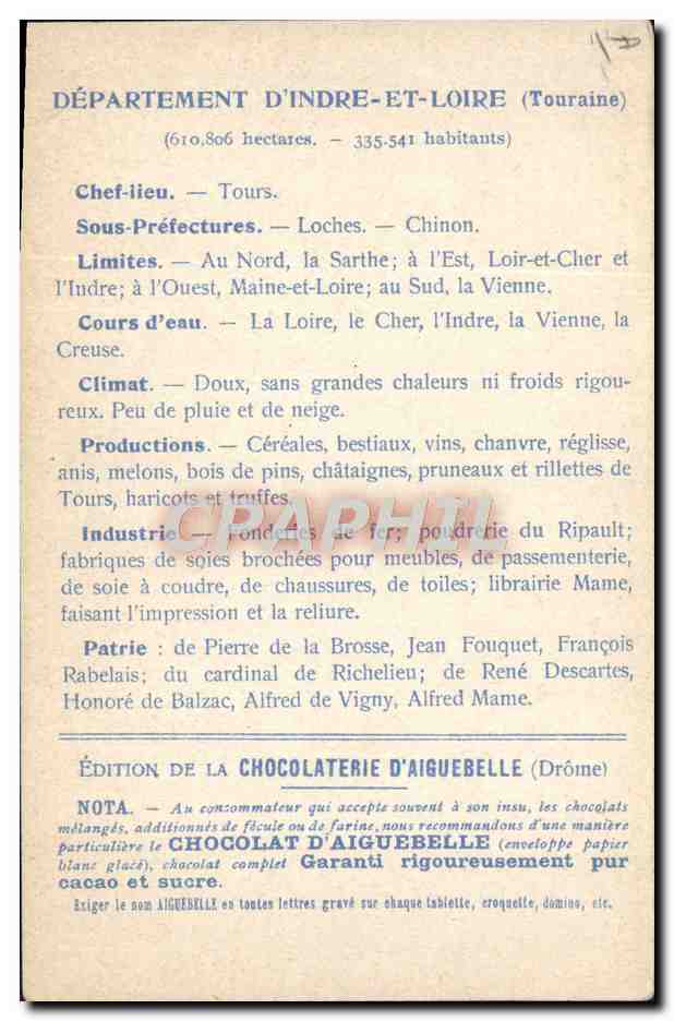 CPA Cartes Geographiques Chocolaterie d'Aiguebelle Indre et Loire Chateau d'Amboise — Rückseite