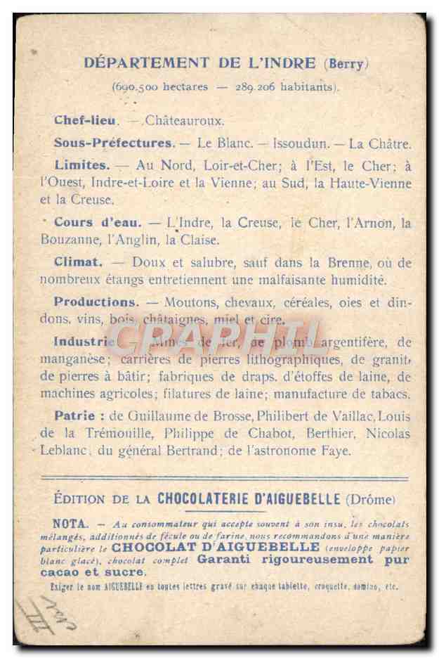 Les Départements : INDRE — Édition de la Chocolaterie d'Aiguebelle — Reverso
