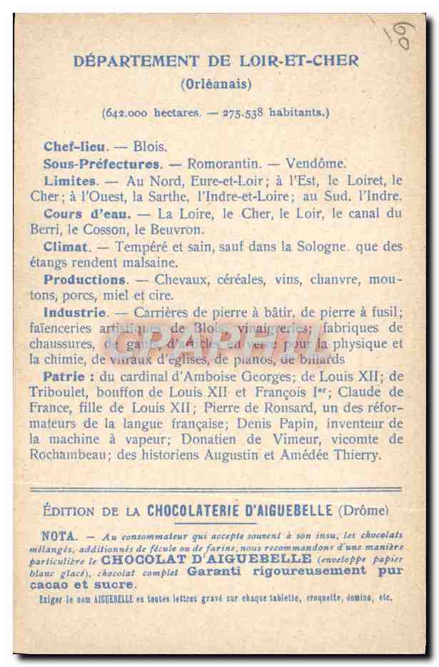 CPA Cartes Geographiques Chocolaterie d'Aiguebelle Loir et Cher Chateau de Chambord  — Rückseite