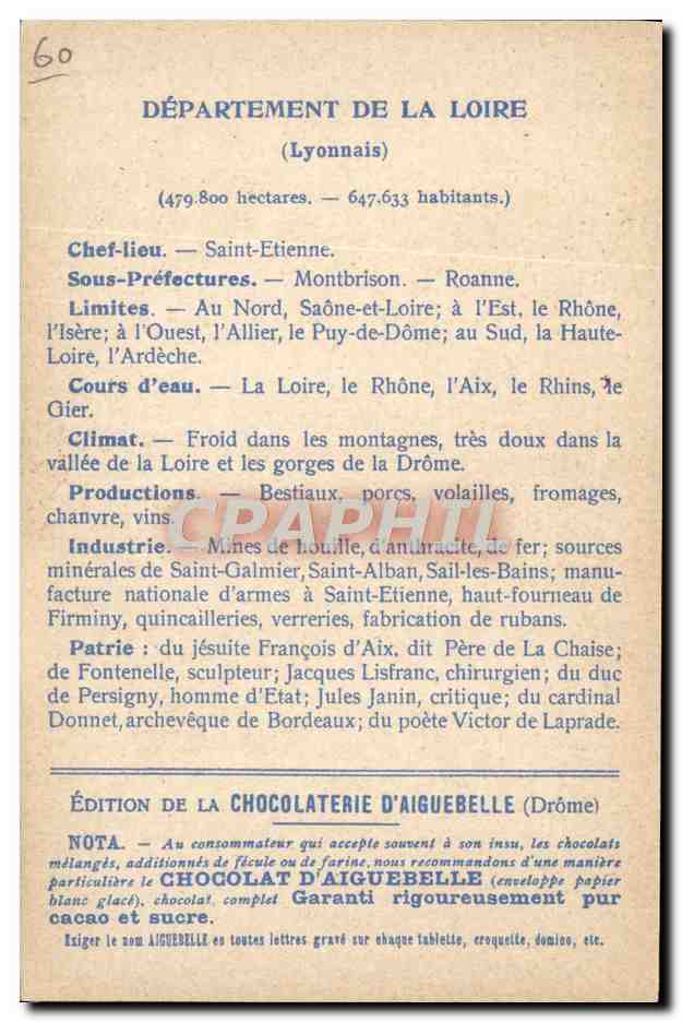 CPA Cartes Geographiques Chocolaterie d'Aiguebelle Loire St Etienne — Rückseite