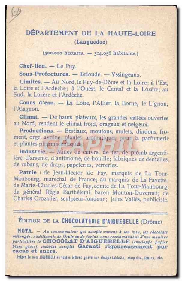 CPA Cartes Geographiques Chocolaterie d'Aiguebelle Haute Loire Chapelle de Saint Michel au Puy  — Rückseite