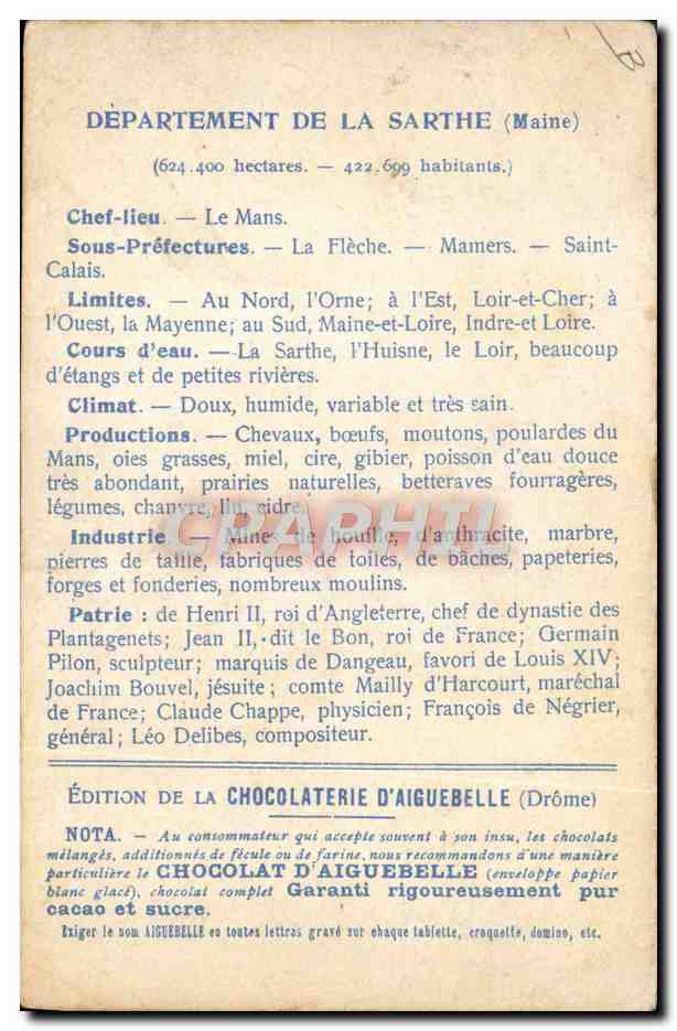 Tarjeta postal antigua Tarjetas Geográficas Chocolaterie d'Aiguebelle Sarthe Le Mans — Reverso