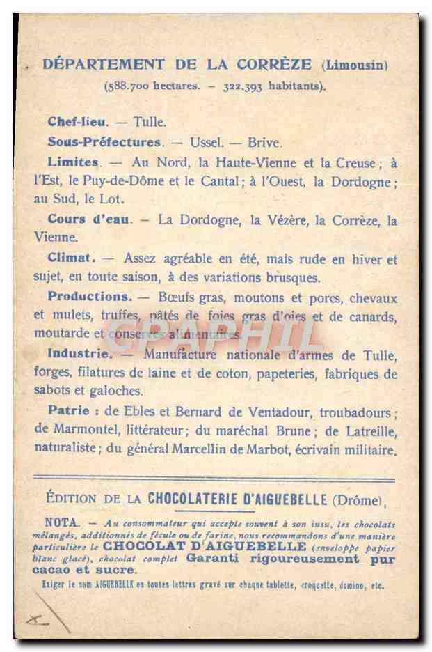 Corrèze — Carta geográfica y descriptiva — Edición de la Chocolatería de Aiguebelle — Reverso