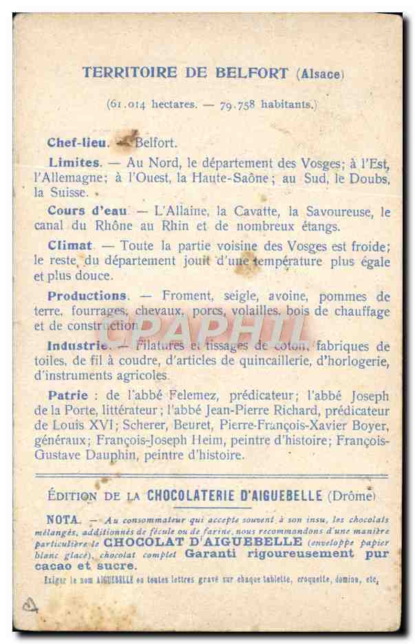 Territorium von Belfort — Ausgabe der Chocolaterie d'Aiguebelle — Rückseite
