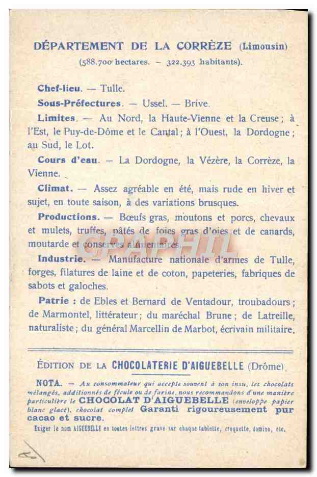 Die Departements: CORRÈZE — Ausgabe der CHOCOLATERIE D'AIGUEBELLE — Rückseite