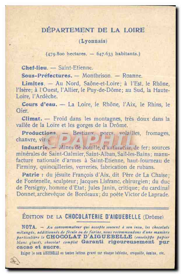 CPA Cartes Geographiques Chocolaterie d'Aiguebelle Loire St Etienne  — Rückseite
