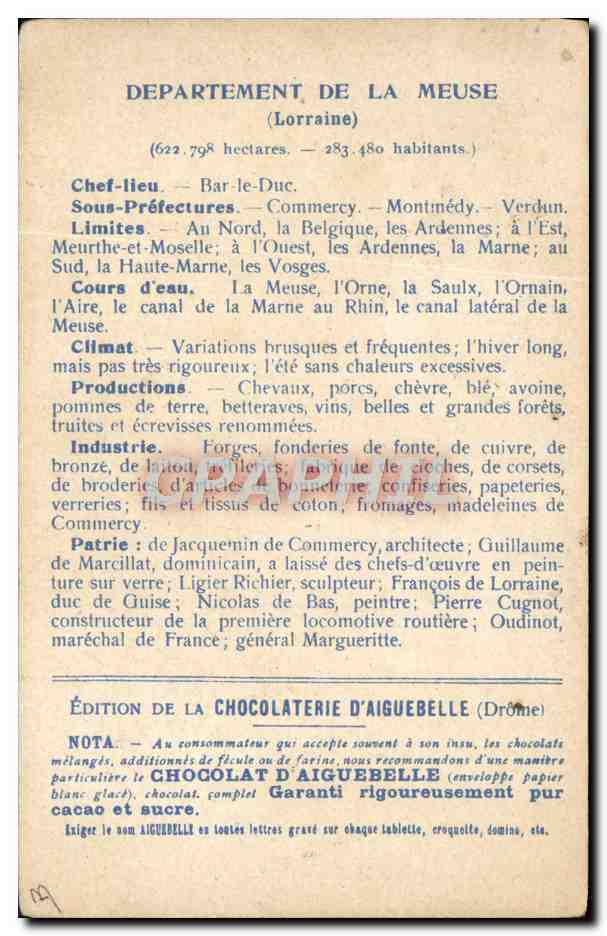 CPA Cartes Geographiques Chocolaterie d'Aiguebelle Meuse Porte de la chaussee Verdun  — Rückseite