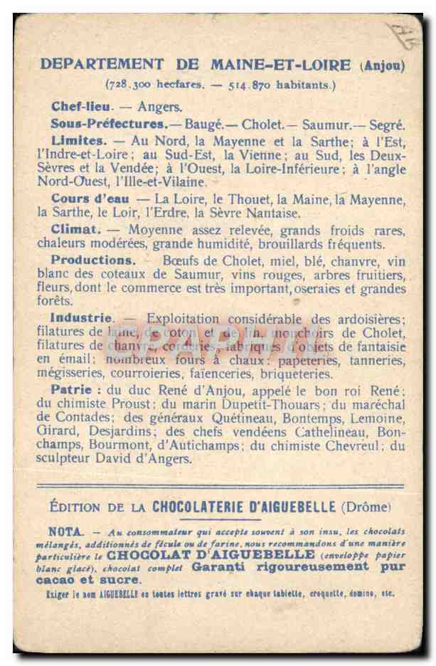 CPA Cartes Geographiques Chocolaterie d'Aiguebelle Maine et Loire Angers  — Rückseite