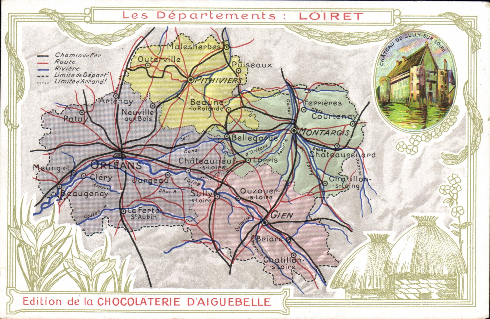 CPA Cartes Geographiques Chocolaterie d'Aiguebelle Loiret Chateau de Sully sur Loire 