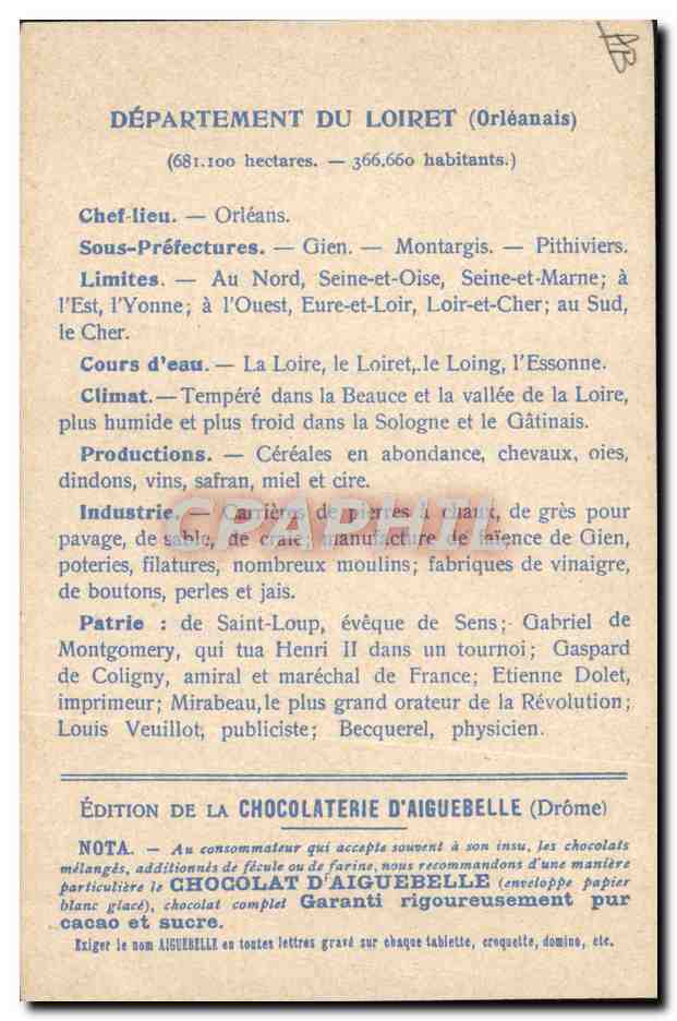 CPA Cartes Geographiques Chocolaterie d'Aiguebelle Loiret Chateau de Sully sur Loire  — Rückseite