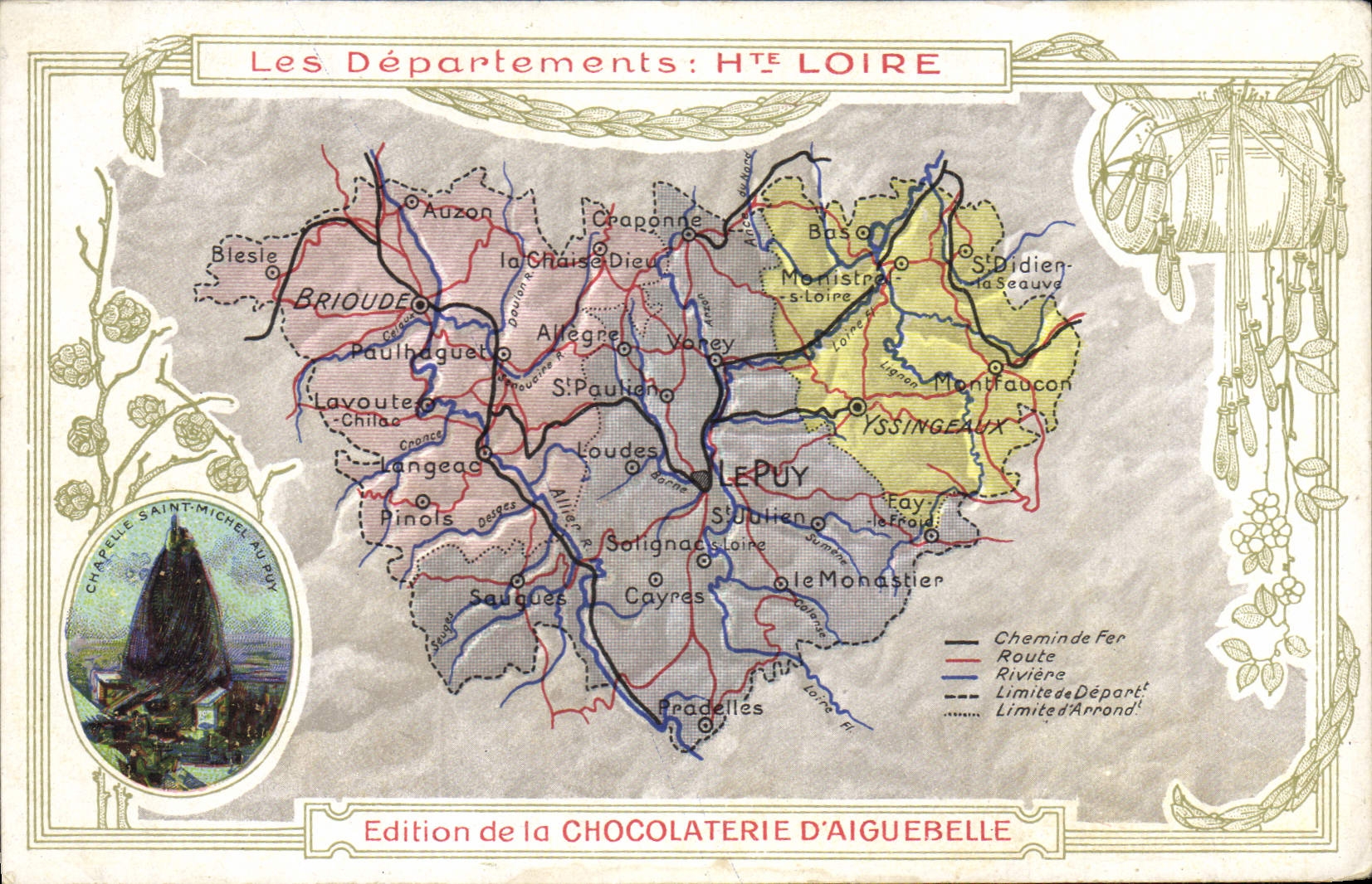 CPA Cartes Geographiques Chocolaterie d'Aiguebelle Haute Loire Chapelle Saint Michel au Puy