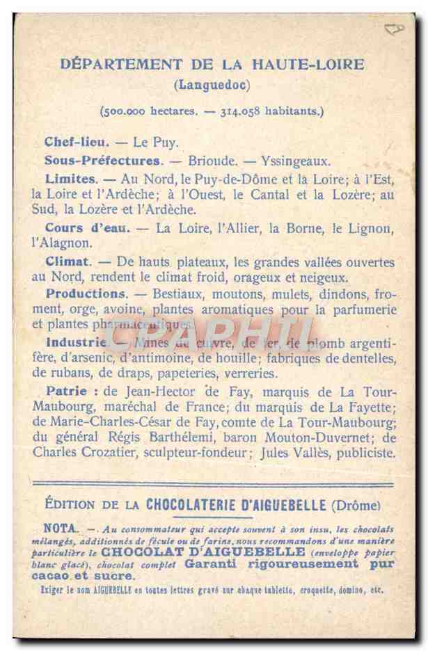 CPA Cartes Geographiques Chocolaterie d'Aiguebelle Haute Loire Chapelle Saint Michel au Puy — Rückseite