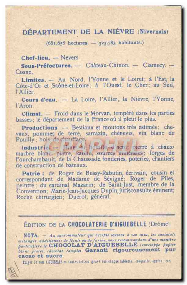 Die Departements: NIÈVRE — Edition der CHOCOLATERIE D'AIGUEBELLE — Rückseite