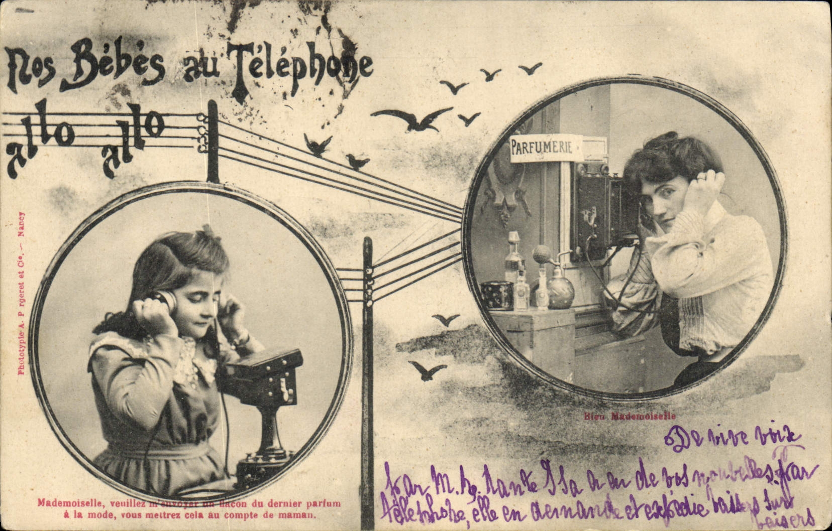 Nos Bébés au Téléphone — Mademoiselle, veuillez m'envoyer un flacon du dernier parfum à la mode, vous mettrez cela au compte de maman — Phototypie A. P. Riquet et Cie, Nancy