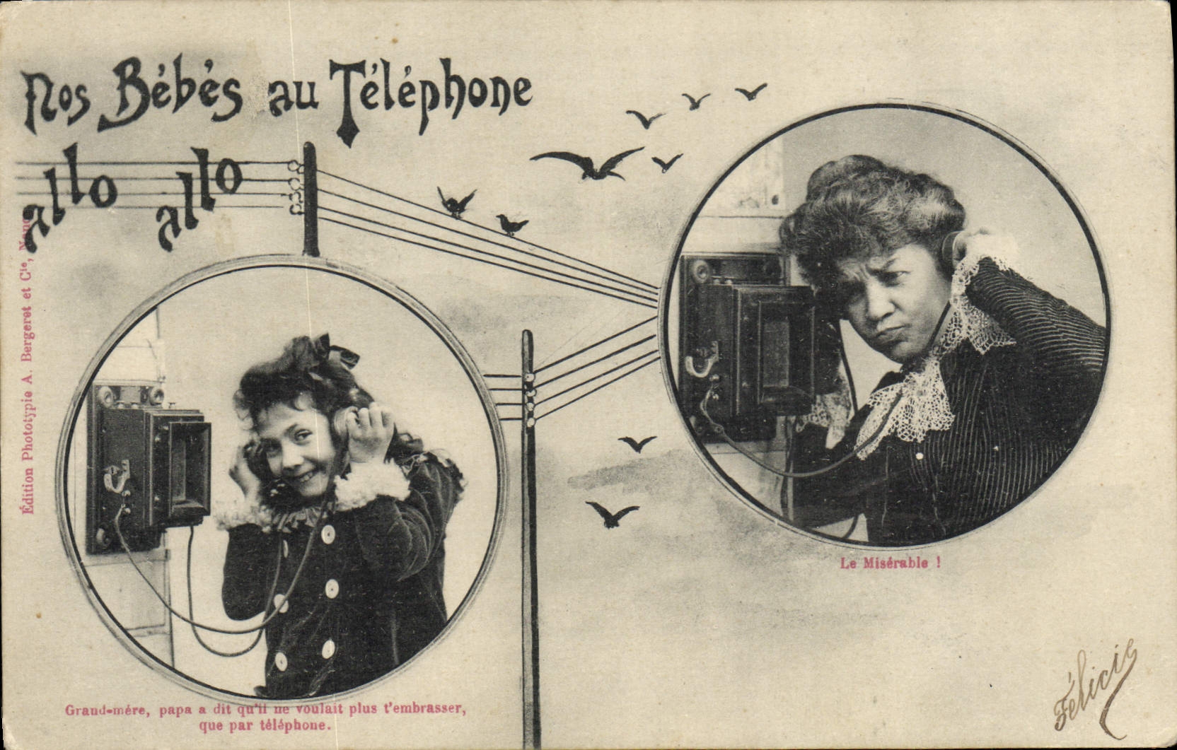 I Nostri Bambini al Telefono — scena umoristica con due bambini al telefono — Edizione Fototipia A. Bergeret et Cie, n°4
