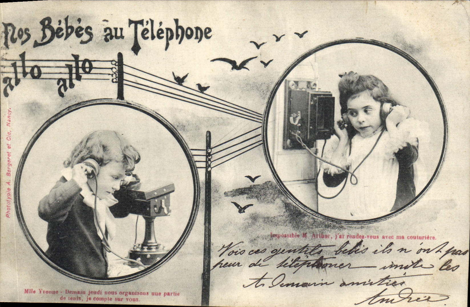 Due Bambini al Telefono — Fototipia A. Bergéret e Cie, Nancy — N° di serie non visibile