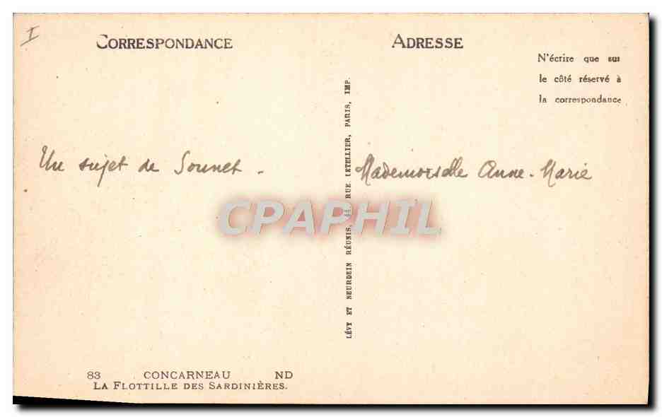 La Flottille des Sardinières — Concarneau — Éditeur Lévy et Neuruzin, Paris — Verso