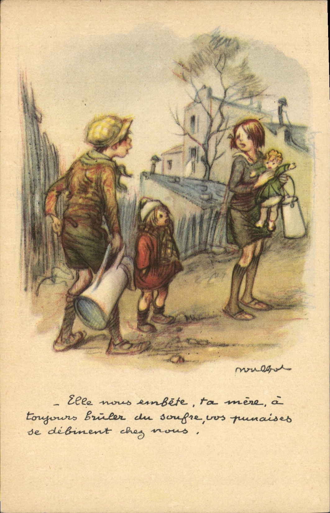 Enfants et femme avec poupée — scène de rue — Ligue Nationale Contre le Taudis