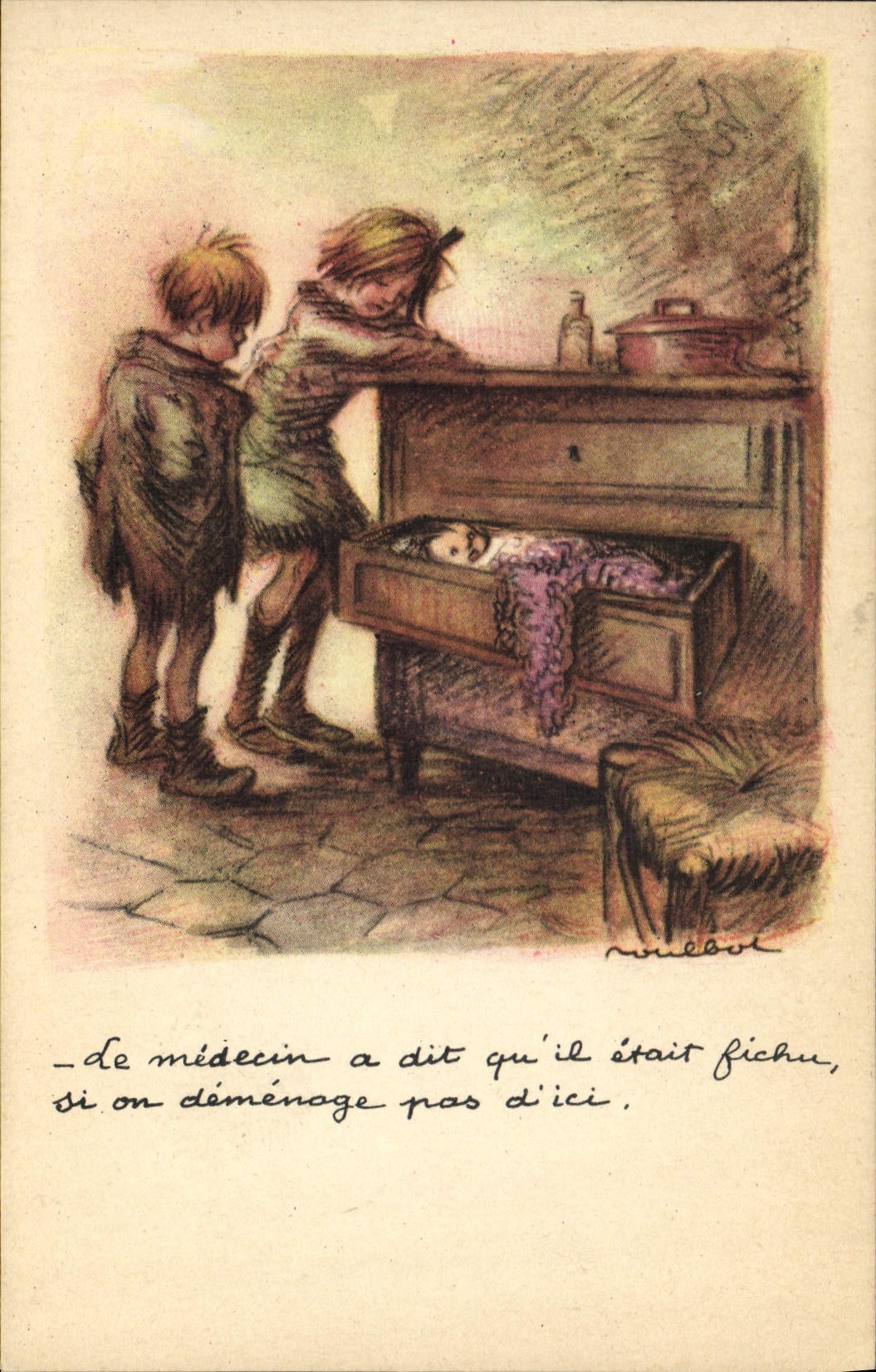 Enfants regardant un bébé dans un coffre — dessin de Noulbo — Ligue Nationale Contre le Taudis