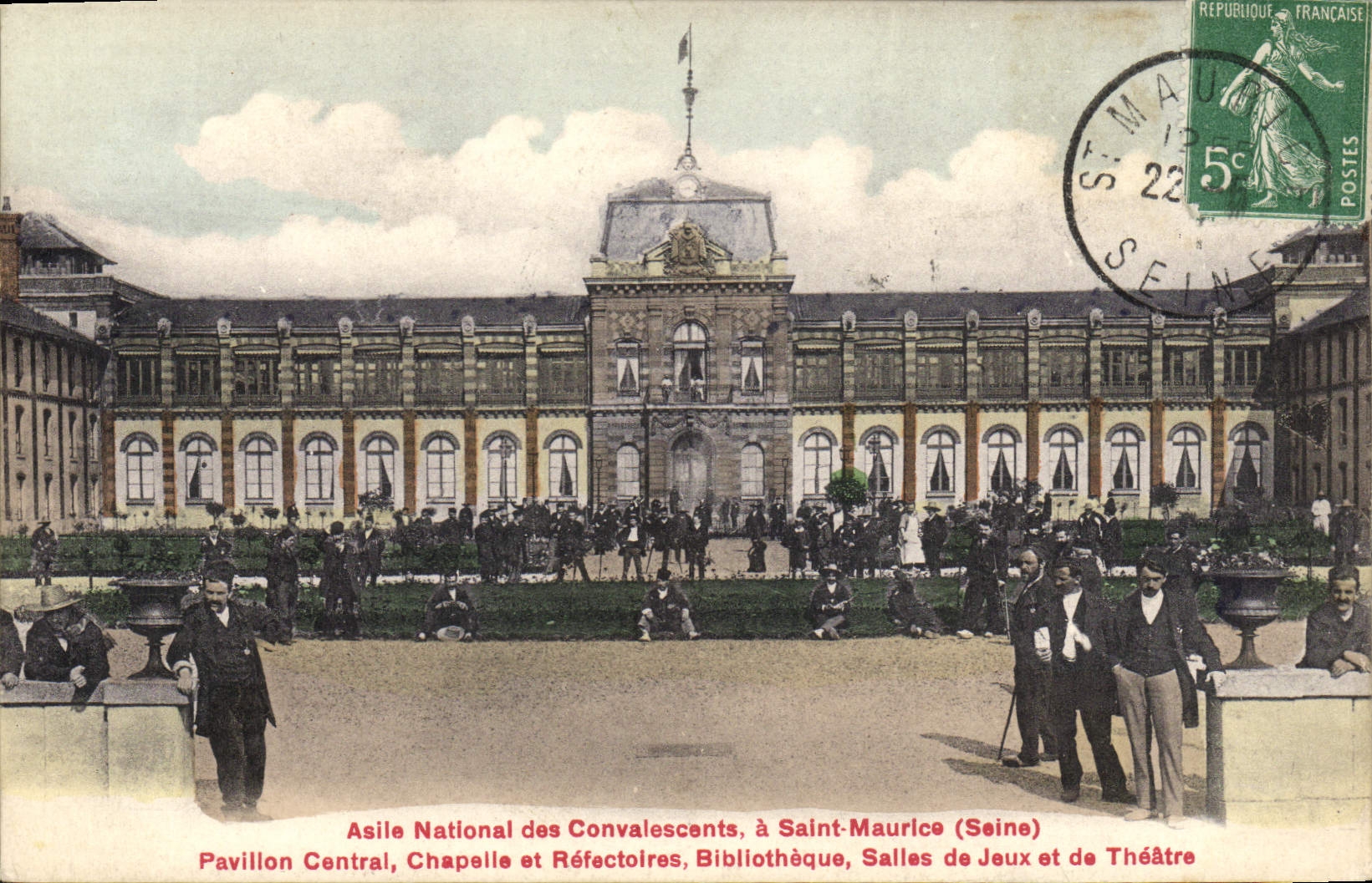 Asile National des Convalescents, à Saint-Maurice (Seine) — Pavillon Central, Chapelle, Bibliothèque, Salles de Jeux et de Théâtre — éditeur Simi-Aquarollo, n° A