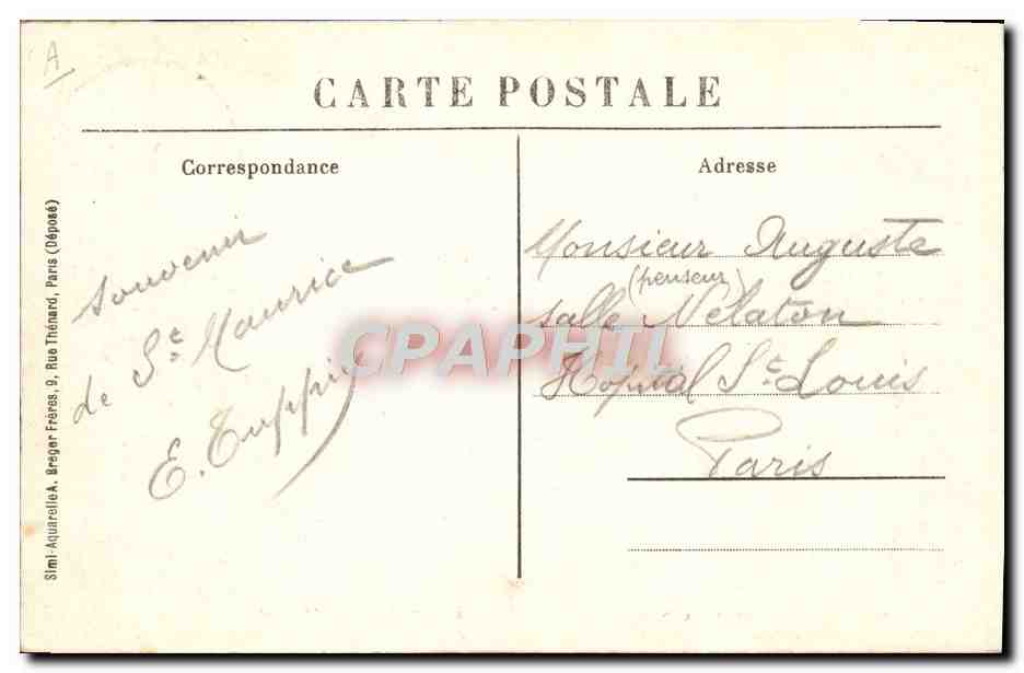 Asile National des Convalescents, à Saint-Maurice (Seine) — Pavillon Central, Chapelle, Bibliothèque, Salles de Jeux et de Théâtre — éditeur Simi-Aquarollo, n° A — Rückseite