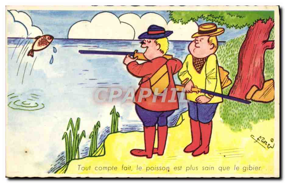 CPA Fantaisie Humour Chasse Chasseur Poisson 