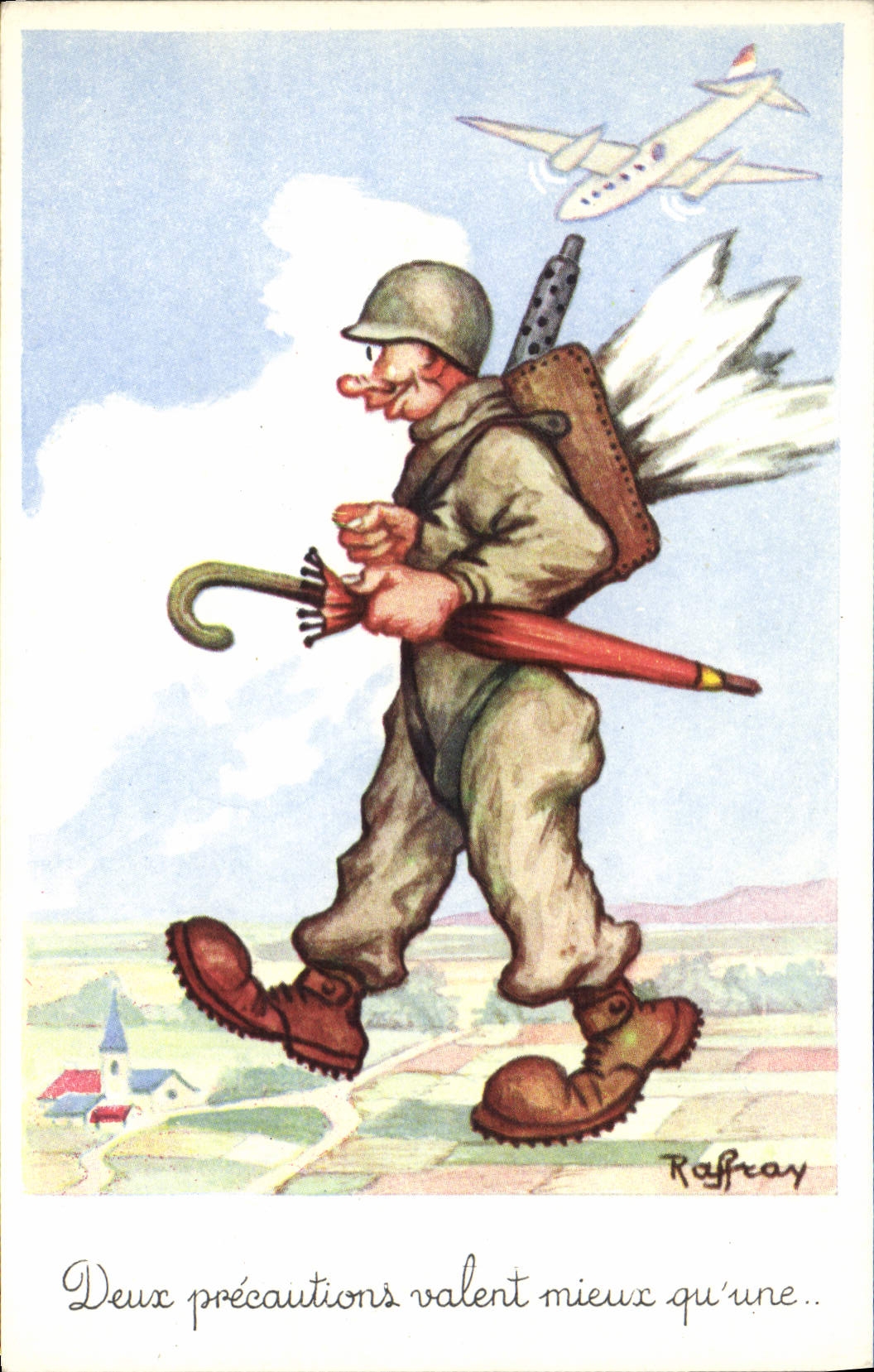 CPA Fantaisie Humour Soldat militaria Avion 
