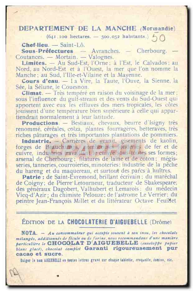 CPA Carte Geographique Chocolaterie d'Aiguebelle Departement Manche — Rückseite