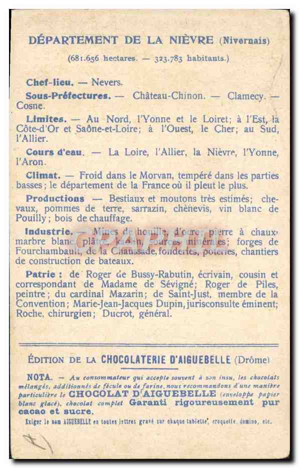 Les Départements : Nièvre — Édition de la Chocolaterie d'Aiguebelle — Verso