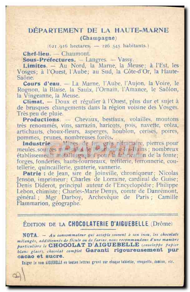 Haute-Marne — Karte der Departements — Édition de la Chocolaterie d'Aiguebelle — Rückseite