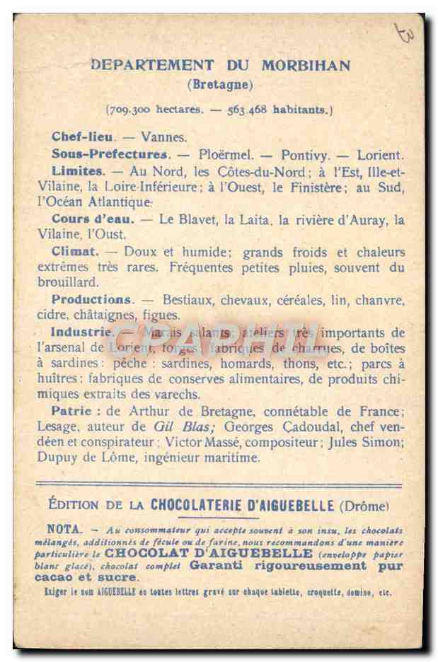 CPA Carte Geographique Chocolaterie d'Aiguebelle Departement Morbihan Ste Anne d'Auray — Rückseite