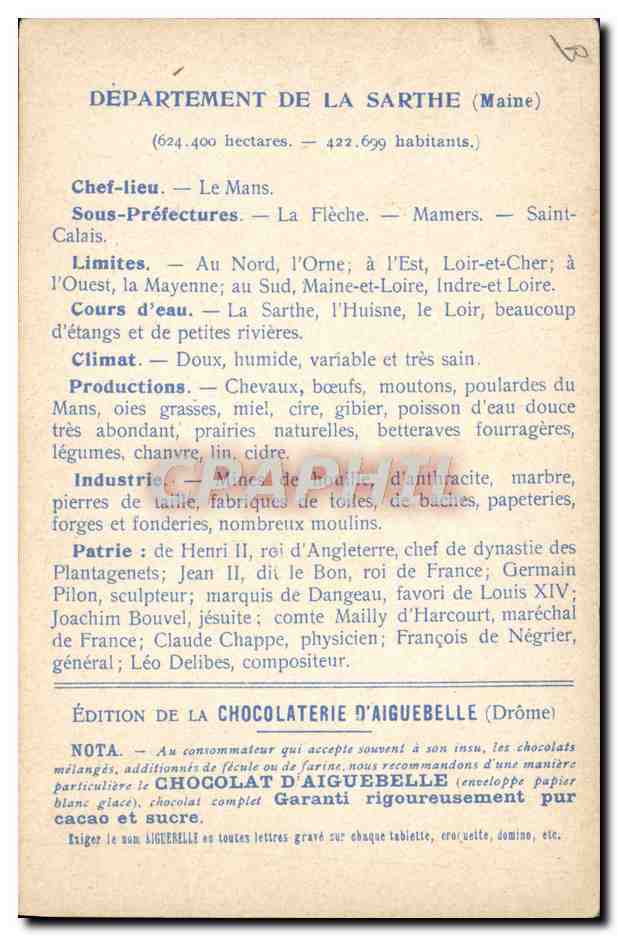 Die Departemente: SARTHE — Ausgabe der CHOCOLATERIE D'AIGUEBELLE — Rückseite