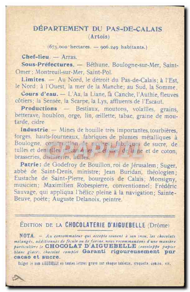 Les Départements : PAS-DE-CALAIS — Édition de la CHOCOLATERIE D'AIGUEBELLE — Rückseite
