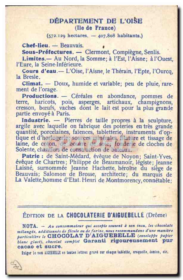 CPA Carte Geographique Chocolaterie d'Aiguebelle Departement Oise Le chateau de Pierrefonds — Rückseite
