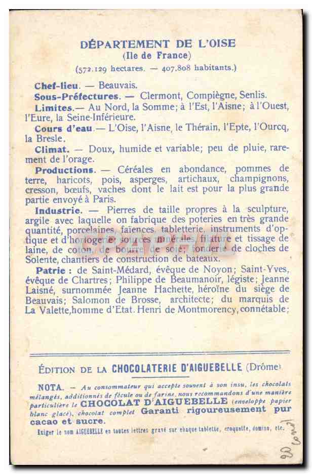 CPA Carte Geographique Chocolaterie d'Aiguebelle Departement Oise Chateau de Pierrefonds — Rückseite