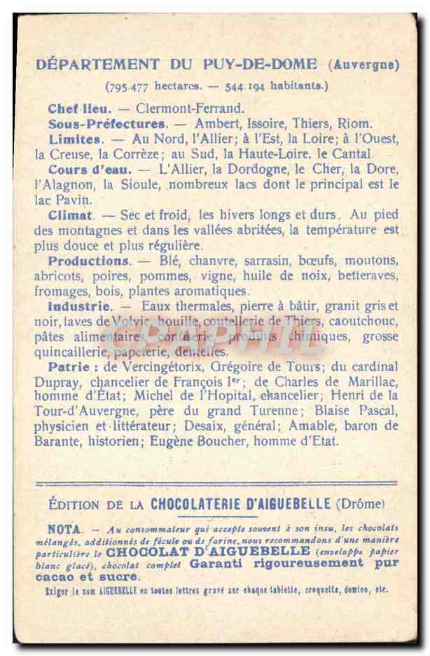 Les Départements : PUY-DE-DÔME — Édition de la CHOCOLATERIE D'AIGUEBELLE — Reverso