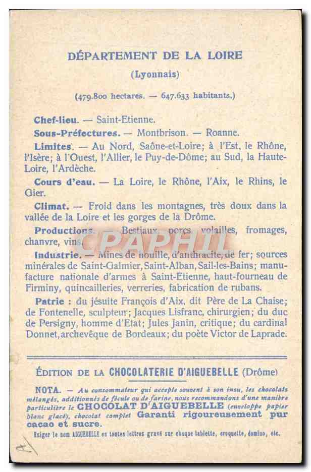CPA Carte Geographique Chocolaterie d'Aiguebelle Departement Loire Hotel de ville St Etienne — Rückseite