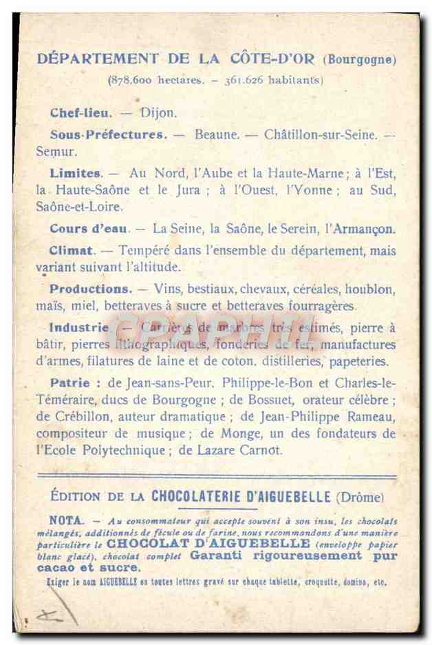Côte-d'Or — Carte des Départements — Édition de la Chocolaterie d'Aiguebelle — Verso