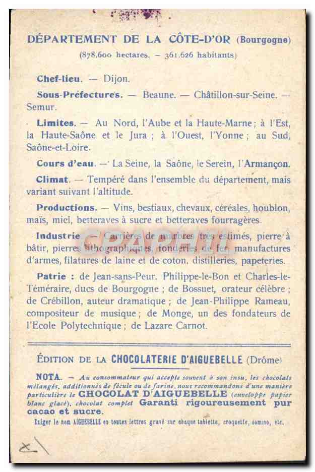 CPA Carte Geographique Chocolaterie d'Aiguebelle Departement Cote d'Or Palais de justice de Dijon  — Rückseite