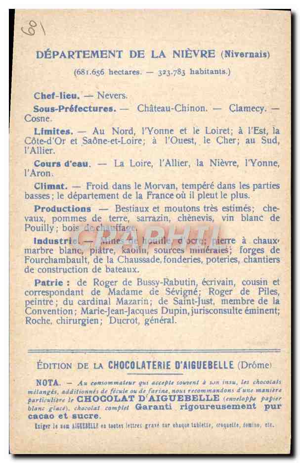 CPA Carte Geographique Chocolaterie d'Aiguebelle Departement Nievre La Loire a Nevers — Rückseite