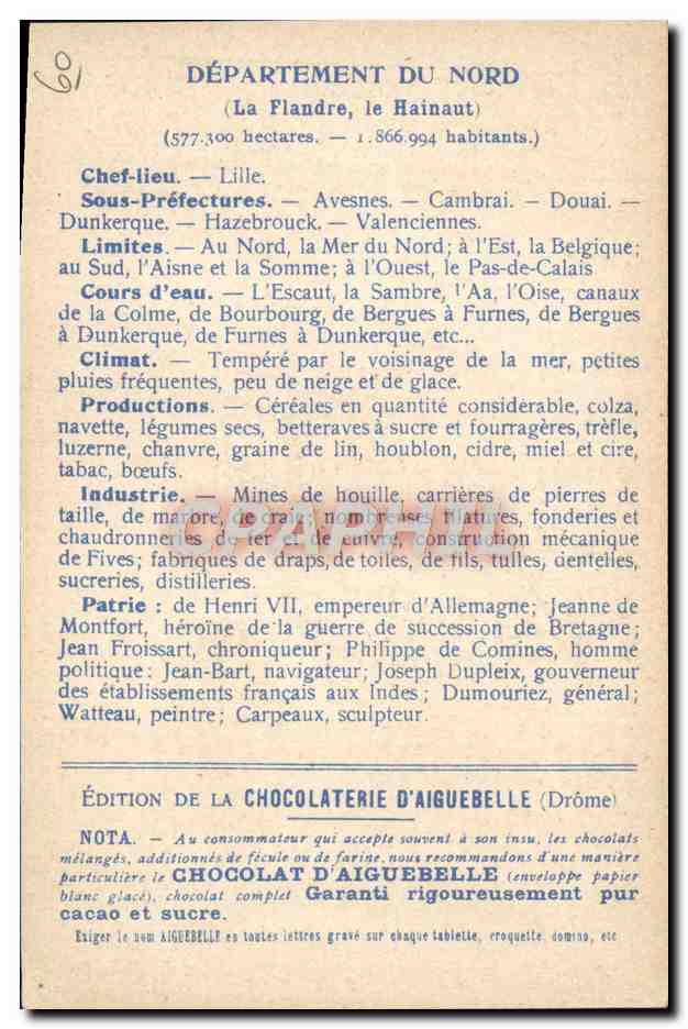 Les Départements : NORD — Édition de la Chocolaterie d'Aiguebelle — Achterkant