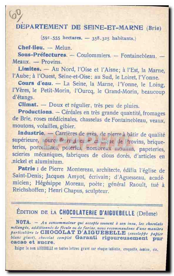 CPA Carte Geographique Chocolaterie d'Aiguebelle Departement Seine et Marne Le Loing a Moret — Rückseite