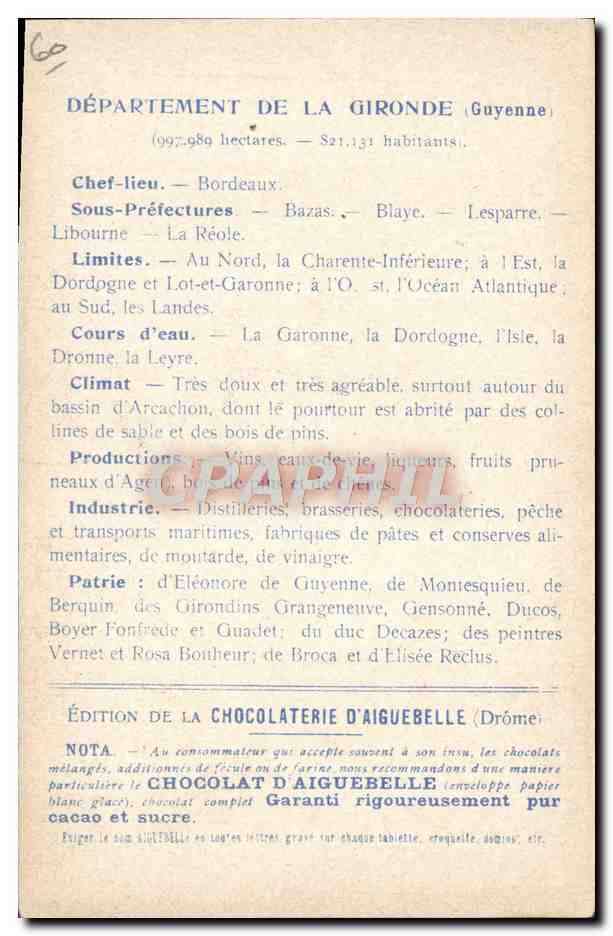 CPA Carte Geographique Chocolaterie d'Aiguebelle Departement Gironde Porte du palais — Rückseite